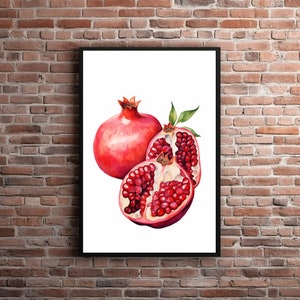 Pomegranate Watercolor, Printable Pomegranate Painting, Wine Apple Art Print, Botanical Artwork, Exotic Fruit Granada Kitchen Wall Art