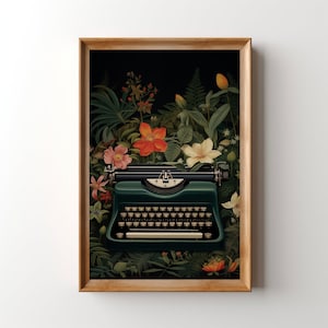 Floral Vintage Typewriter Painting, Printable Old Typewriter Wall Art, Typewriter Flower Print, Moody Dark Academia, Office Decor, Classroom
