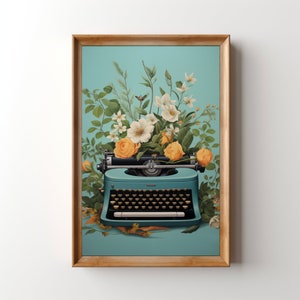 French Floral Typewriter Print, Printable Vintage Typewriter Wall Art, Old Typewriter Flowers Painting, Dorm Decor Classroom Art Writer Gift