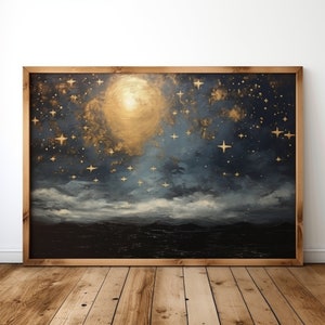Vintage Nachthimmel Kunstdruck, Druckbare Mond und Sterne Wandkunst, Stimmungsvoller Himmlischer Druck, Witchy Waters Gemälde, Dark Academia Galaxy Print
