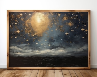 Vintage Night Sky Art Print, Printable Moon and Stars Wall Art, Moody Celestial Print, Witchy Waters Painting, Dark Academia Galaxy Print