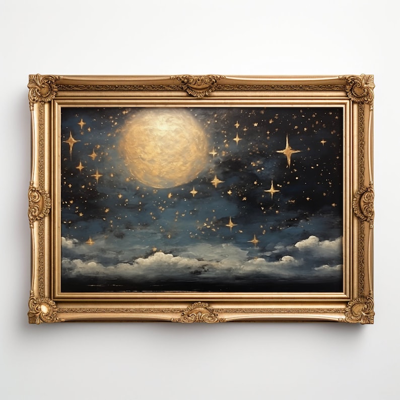 Vintage Night Sky Oil Painting, Printable Full Moon Wall Art, Celestial ...