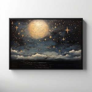 Vintage Nachthimmel Ölgemälde, druckbare Vollmond Wandkunst, himmlische Sterne Druck, Sternennacht goldener Mond schwermütige dunkle Academia Galaxie