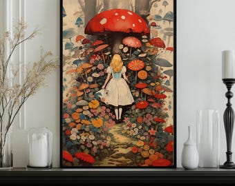 Alice im Wunderland Pilz Print, druckbare Vintage Märchen Wandkunst, wunderliches Waldmädchen Poster, Fantasy Fliegenpilz Cottagecore Dekor