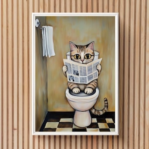 Cute Bathroom Cat Print, Printable Cat on Toilet Painting, Cat Reading Newspaper Wall Art Washroom Decor Animal Funny Kitten Art Pooping Cat