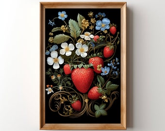 Printable Vintage Strawberry Wall Art, Strawberry Fruit Painting, Wild Strawberries Print, Cottagecore Dark Academia Floral Kitchen Artwork