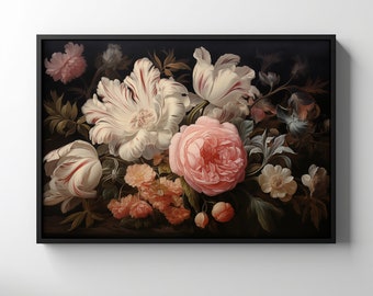 Moody Floral Print, Printable Peony Still Life Painting, Vintage Dark Academia Wall Art, Living Room Decor Flowers Romantic Bedroom Artwork