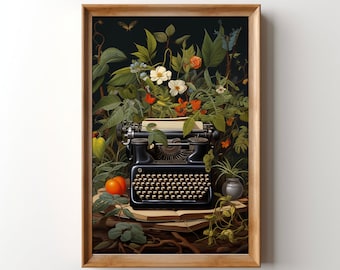 Impresión de máquina de escribir melancólica, arte de pared imprimible de estilo vintage de la academia oscura, decoración floral gótica literaria para oficina, regalo para profesores de inglés y amantes de los libros.