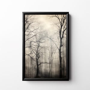 Bäume im Nebel Druck, neblige Wald Wand Kunst, gruselige Baum Malerei, dunkles schwermütiges Kunstwerk Gothic Dekor Witchy Woods Haunted Forest Poster