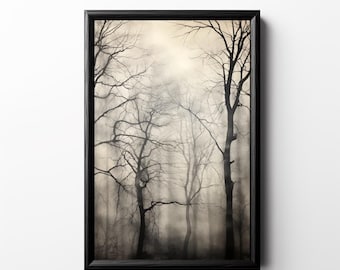 Trees in Fog Print, Printable Misty Forest Wall Art Spooky Tree Painting, Dark Moody Artwork Gothic Decor Witchy Woods Haunted Forest Poster