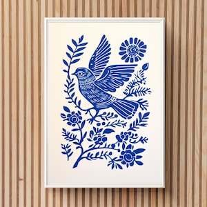 Printable Boho Bird Print, Vintage Block Print Folk Art Poster, Scandinavian Bedroom Decor Floral Scandi Wall Art Cottagecore Linocut Art