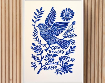 Printable Boho Bird Print, Vintage Block Print Folk Art Poster, Scandinavian Bedroom Decor Floral Scandi Wall Art Cottagecore Linocut Art