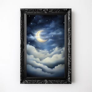Misty Moon Print, Printable Starry Night Sky Painting Crescent Moon and Stars Wall Art Celestial Decor Witchy Lunar Poster Dark Moody Sky