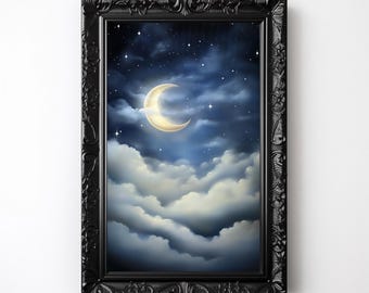 May include: A crescent moon shines brightly in a night sky filled with fluffy white clouds. The moon is a pale yellow color and the sky is a deep blue. The image is framed in a black ornate frame.