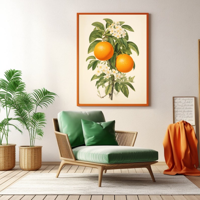 May include: A framed botanical illustration of a citrus tree with two ripe oranges and white blossoms. The oranges are a vibrant orange color and the blossoms are white with yellow centers. The tree is depicted against a white background.