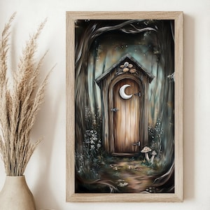 Vintage Outhouse Print, Printable Rustic Cabin Bathroom Wall Art Moody Mushroom Forest Decor Cottagecore Enchanted Woodland Gust Bath AirBnb