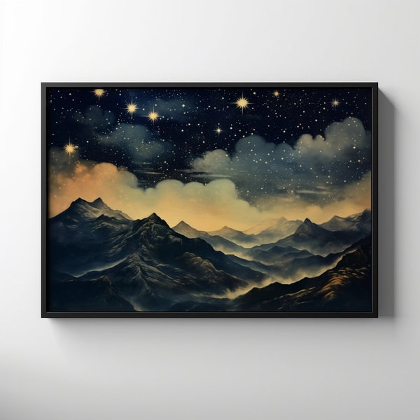 Starry Night Sky Misty Mountains Painting, Printable Star Gazing Wall Art, Celestial Print, Dark Mountains, Night Sky Painting, Mountain Art