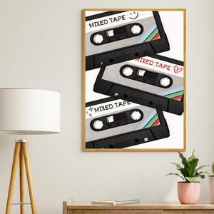 Retro Cassette Tape Print, Printable 80s Mixed Tape Poster Dorm Decor Vintage Music Pop Culture 90s Wall Art Old School Musician Gift Trendy