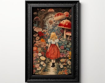 Vintage Alice Mushroom Wonderland Wall Art, Botanical Mushroom Painting, Mushroom Print, Psychedelic Art, Trippy Art, Cottagecore, Kitsch