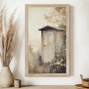Rustic Outhouse Print, Printable Vintage Cabin Decor, Guest Bathroom Wall Art Minimalist Artwork Neutral Mountain Home Decor Vacation Rental