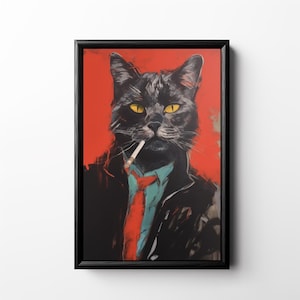 May include: A black cat with yellow eyes wearing a red tie and a black leather jacket, smoking a cigarette. The cat is against a red background.