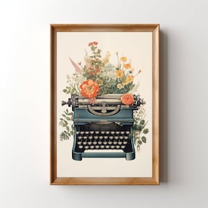 Old Typewriter Floral Lithograph Print, Printable Vintage Typewriter Painting, Retro Office Wall Art Writer Gift, Classroom Reading Nook Art