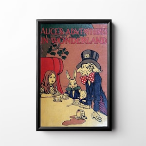 May include: Framed print of a vintage illustration from "Alice's Adventures in Wonderland." The artwork depicts Alice, the Mad Hatter, a rabbit, and other characters at a tea party. The title is displayed in red text at the top.