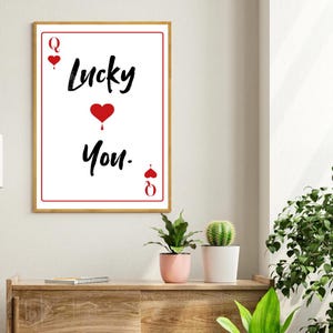 Printable Queen of Hearts Poster Retro Text Wall Art Dorm Decor Apartment Lucky You Flirty Print Home Gift Playing Card DIY Valentine's Day