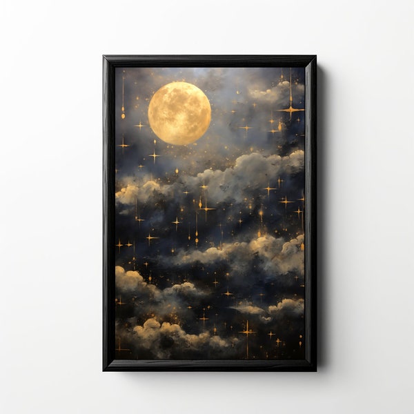 Vintage Night Sky Art Print, Printable Starry Full Moon Oil Painting, Cloudy Evening Wall Art, Lunar Celestial Artwork, Moody Dark Academia