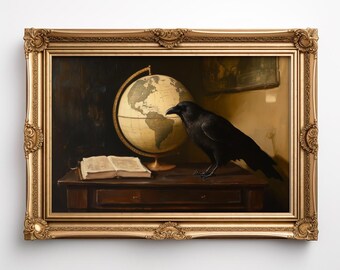 Moody Raven Print, Printable Dark Crow Painting, Literary Dark Academia Decor Reading Nook Antique Library Wall Art Bookish Gothic Classroom