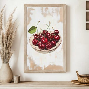 Bowl of Cherries Still Life Printable Cherries Painting Rustic Kitchen Wall Art Vintage Cherry Decor Farmhouse Fruit Minimal Cottagecore