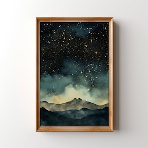 Druckbares nächtliches Sternenhimmel Gemälde, Sterne gucken Bergsilhouette Wandkunst, nebelhafte Berge Druck, himmlische schwermütige dunkle Academia Galaxie