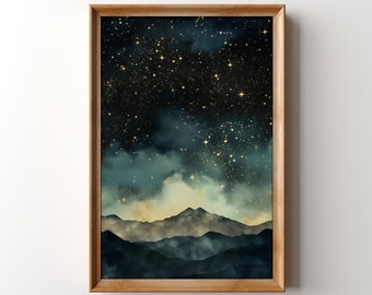 Printable Starry Night Sky Painting, Star Gazing Mountain Silhouette Wall Art, Misty Mountains Print, Celestial Moody Dark Academia Galaxy