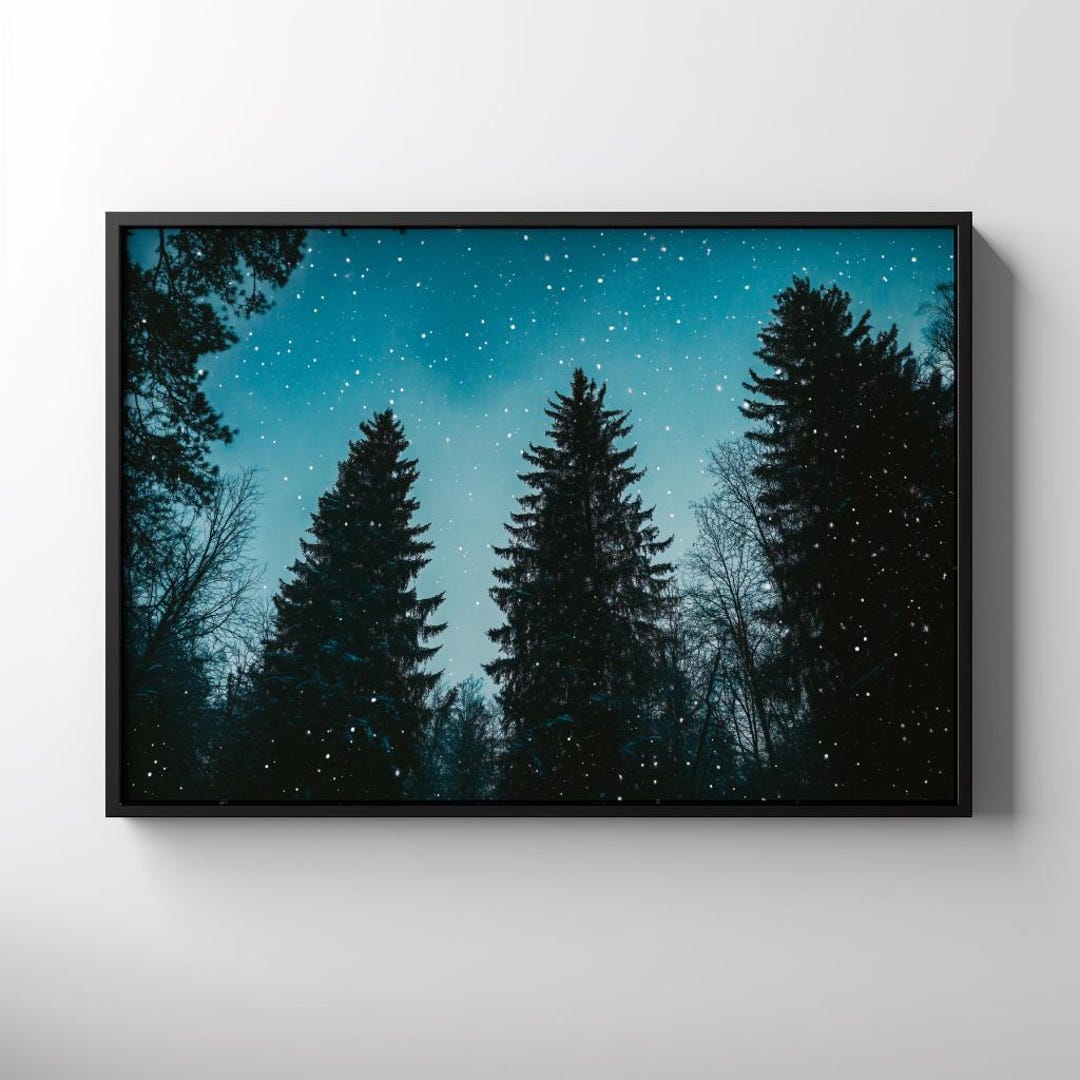Snowy Night Sky Painting, Printable Winter Pine Tree Wall Art Starry ...