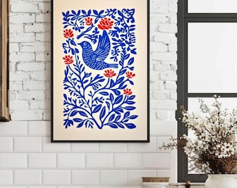 Folk Art Bird Print, Printable Scandinavian Bird Wall Art, Boho Bedroom Wall Art Floral Scandi Poster Cottagecore Linocut Art Block Print