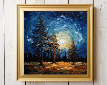 満月の松の木の油絵：夜の森のインパストアート（8x8インチ） - Etsy 日本