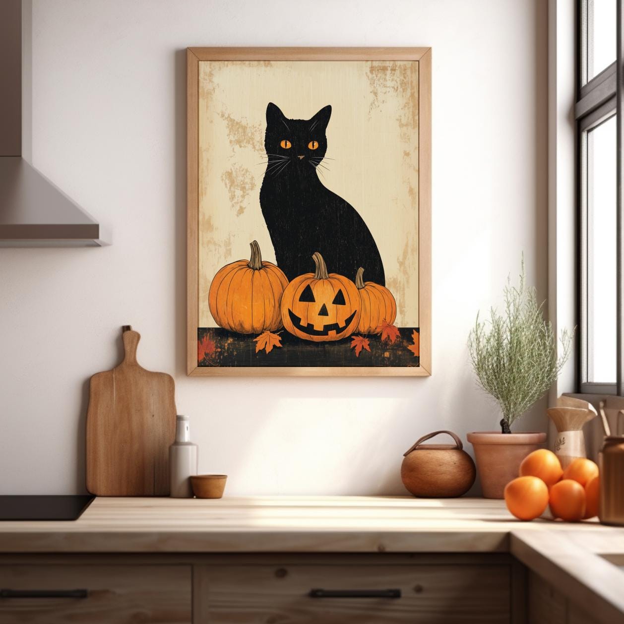 Vintage Black Cat Print, Printable Halloween Cat Wall Art Jack O ...