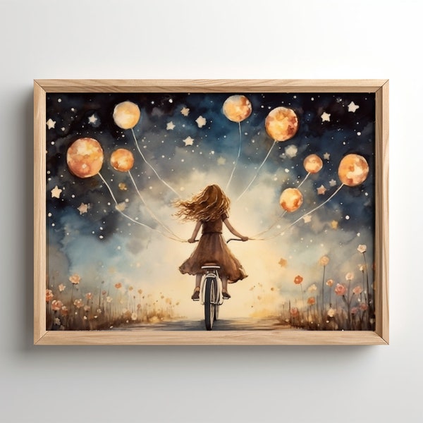 Whimsical Night Sky Watercolor, Printable Surreal Art, Bicycle Girl in Starry Night Sky Painting, Quirky Artwork, Full Moon Balloons, Stars