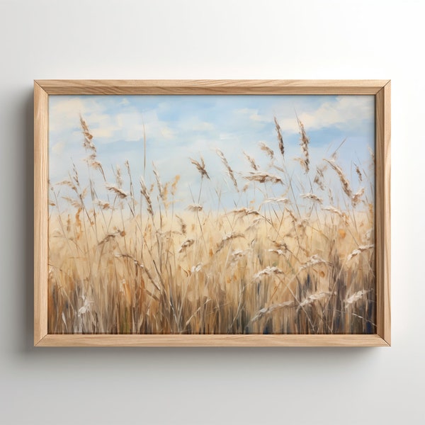 Prairie Grass Oil Painting, Printable Grass Field Landscape Art, Grassland Poster, Tallgrass Prairie Painting, Muted Colors, Neutral Tones