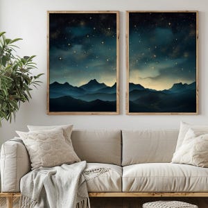Vintage Starry Night Sky Painting Set , Printable Star Gazing Wall Art, Dark Mountains Celestial Diptych, Moody Dark Academia Galaxy Prints