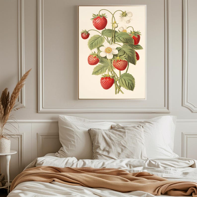 May include: A vintage botanical illustration of a strawberry plant with red ripe strawberries and white flowers. The illustration is on a white background.