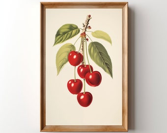 May include: A vintage botanical illustration of a cherry branch with red cherries and green leaves. The cherries are arranged in a cluster, with some hanging down and others pointing upwards. The leaves are a vibrant green, with a slightly textured appearance. The background is a light cream color.