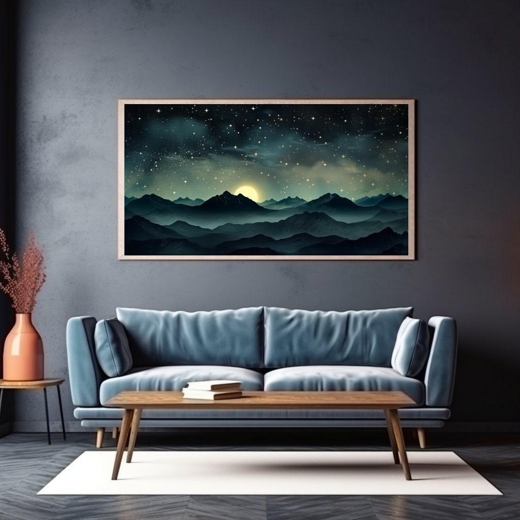 Mountain Night Sky Print, Printable Moon and Stars Wall Art, Vintage ...