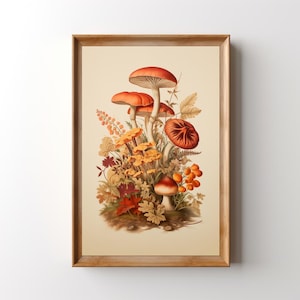 Vintage Mushroom Art Print, Printable Autumn Leaves Mushroom Wall Art, Botanical Wild Mushroom Fall Decor Dorm Cottagecore Kitchen Artwork