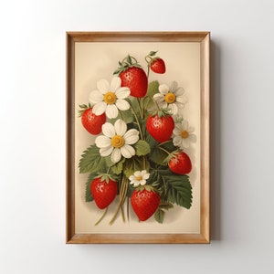 May include: A vintage botanical illustration featuring a bouquet of white daisies and red strawberries. The flowers and fruit are depicted in a realistic style with intricate details.