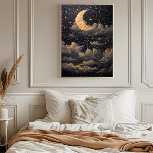 Printable Crescent Moon Starry Night Sky Oil Painting, Vintage Star Gazing Wall Art, Evening Sky Print, Moody Celestial Artwork, Dark Galaxy Bild 3