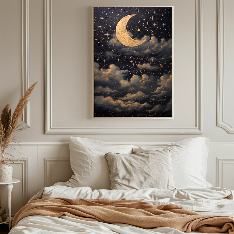 Printable Crescent Moon Starry Night Sky Oil Painting, Vintage Star Gazing Wall Art, Evening Sky Print, Moody Celestial Artwork, Dark Galaxy Bild 3