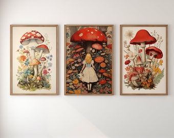 Printable Vintage Alice Mushroom Wonderland Wall Art Bundle, Botanical Mushroom Print Psychedelic Trippy Dorm Poster Retro Kitchen Wall Art