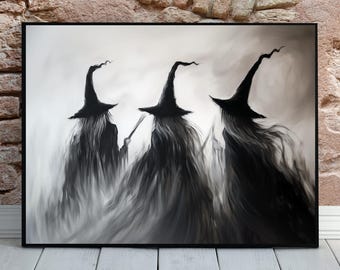 Three Witches Print, Printable Wicked Sisters Wall Art, Smoky Moody Halloween Printable Painting Witchy Gothic Cottage Decor Flying Witches