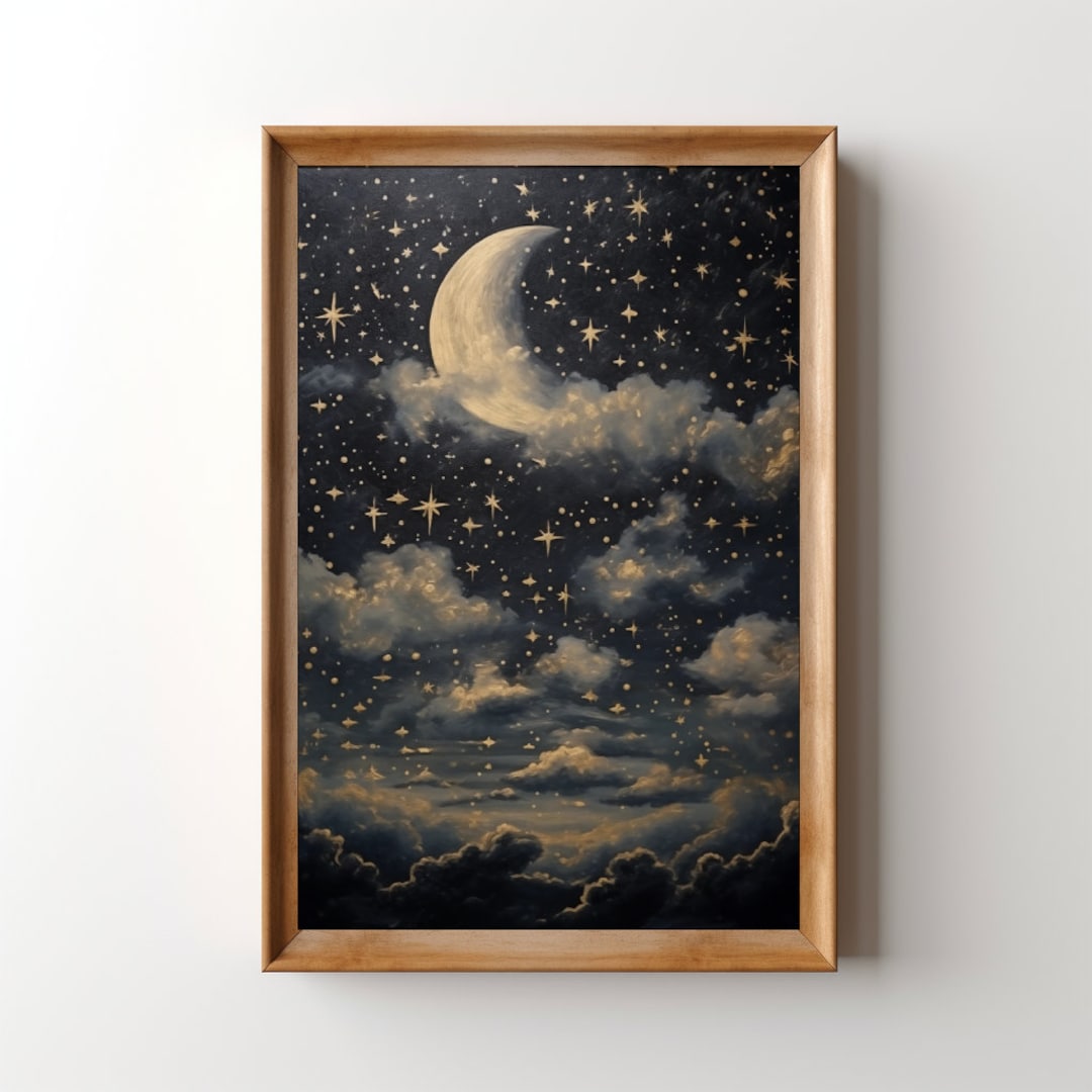 Crescent Moon Starry Night Sky Vintage Painting, Printable Midnight ...